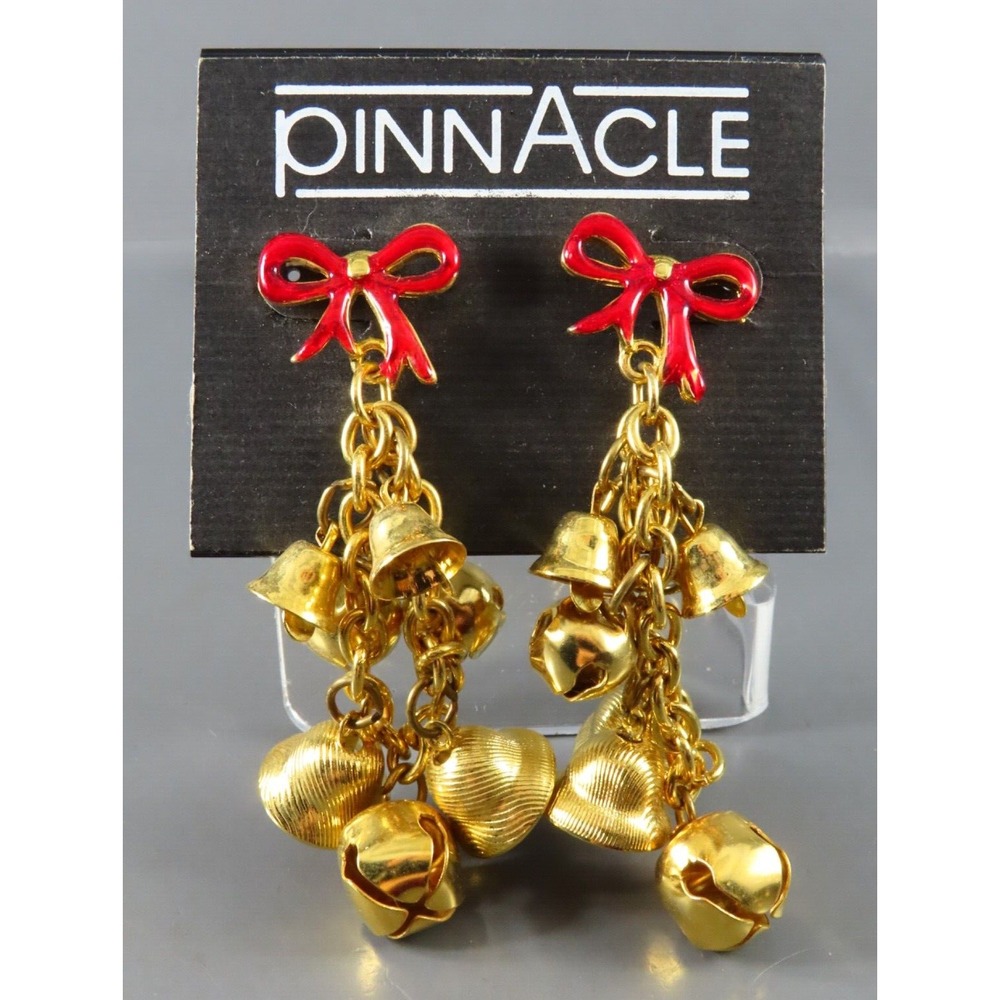NWT Vintage PINNACLE CHRISTMAS DANGLE EARRINGS Red Enamel Bow JINGLE BELLS